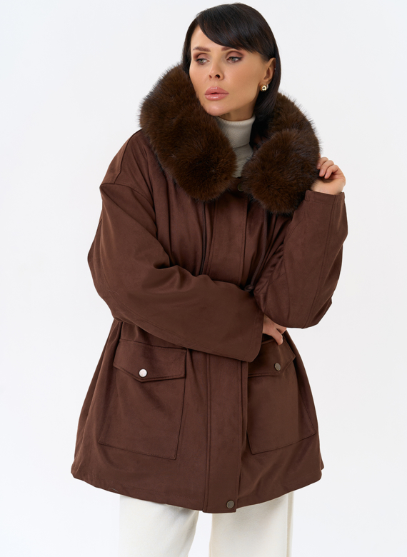 Женская парка из эко замши с капюшоном из эко меха