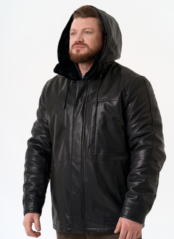 Мужская дубленка черного цвета с капюшоном