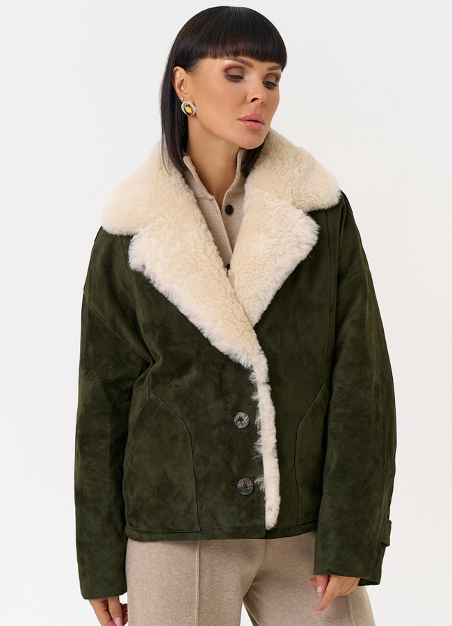 Пуховик из натуральной замши с английским воротником модель № 31565 универмаг малина