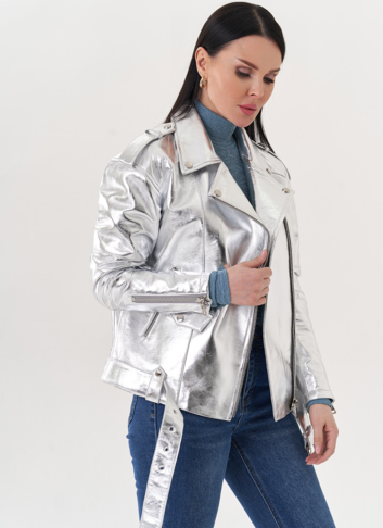 Куртка "косуха" из натуральной кожи под серебро