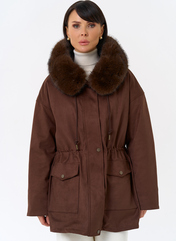 Женская парка из эко замши с капюшоном из эко меха