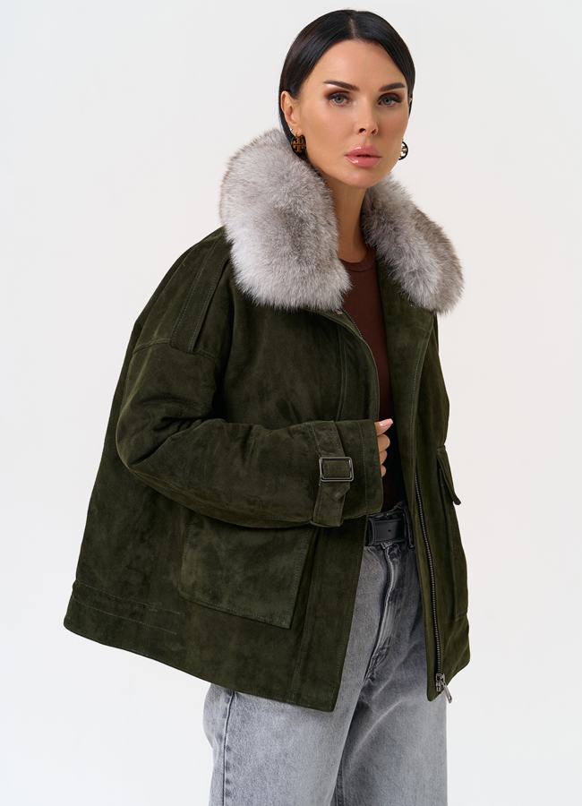 Короткий пуховик из натуральной замши модель № 31363 универмаг малина