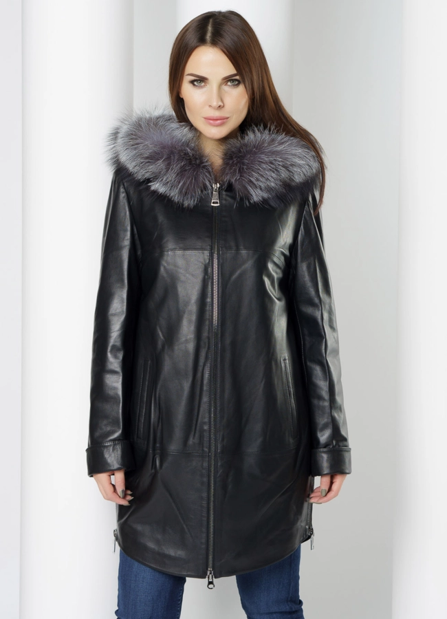 фото Утепленное полупальто из натуральной кожи с капюшоном  модель № 20201