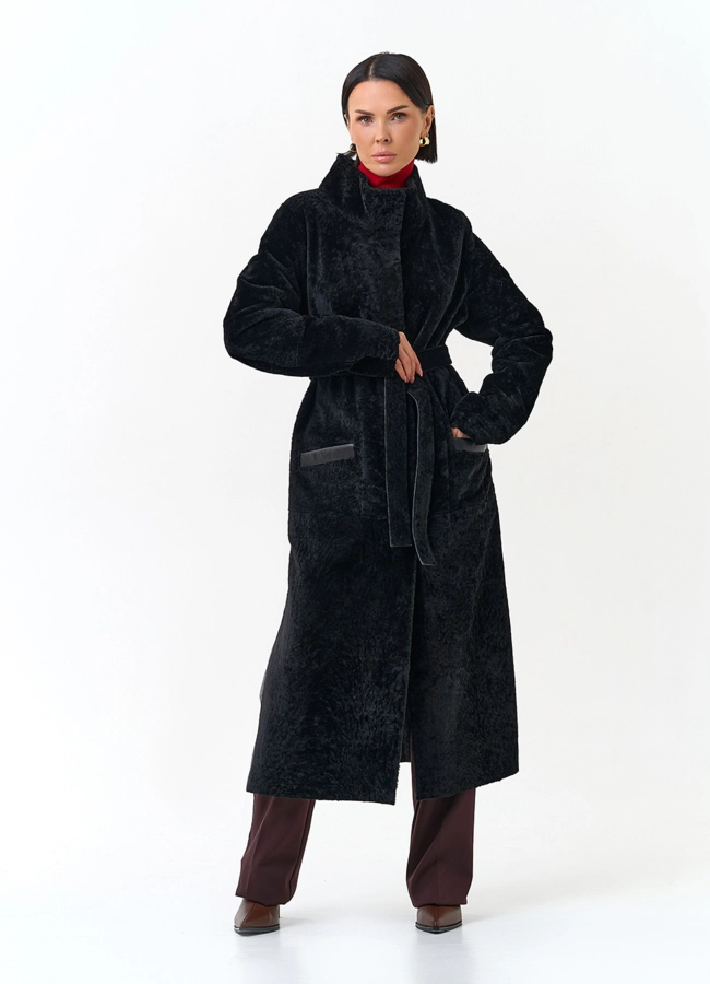 фото Женская двухсторонняя дубленка с поясом модель № 34376 фото