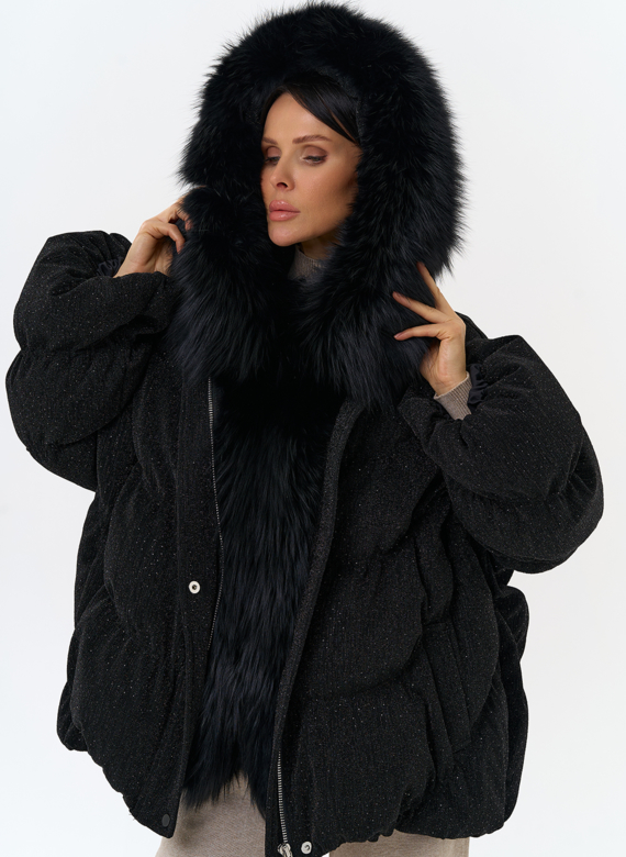 Женский блестящий пуховик с отделкой из меха чернобурки