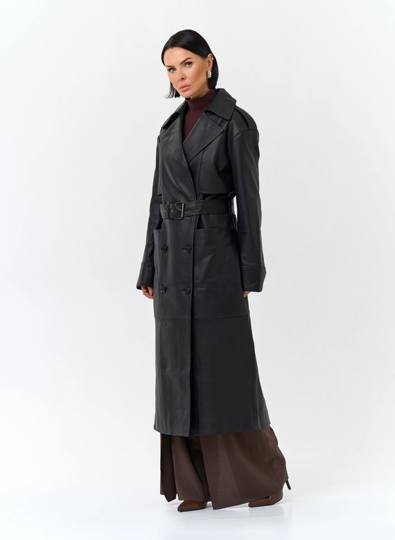 Женский плащ из натуральной кожи с поясом