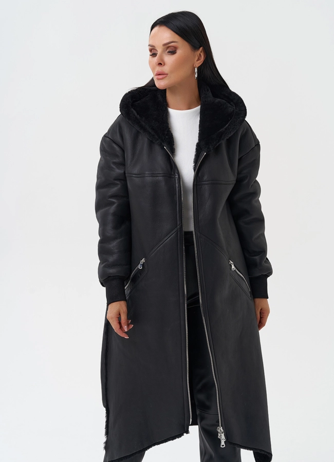 Натуральная дубленка с капюшоном модель № 28701 универмаг малина
