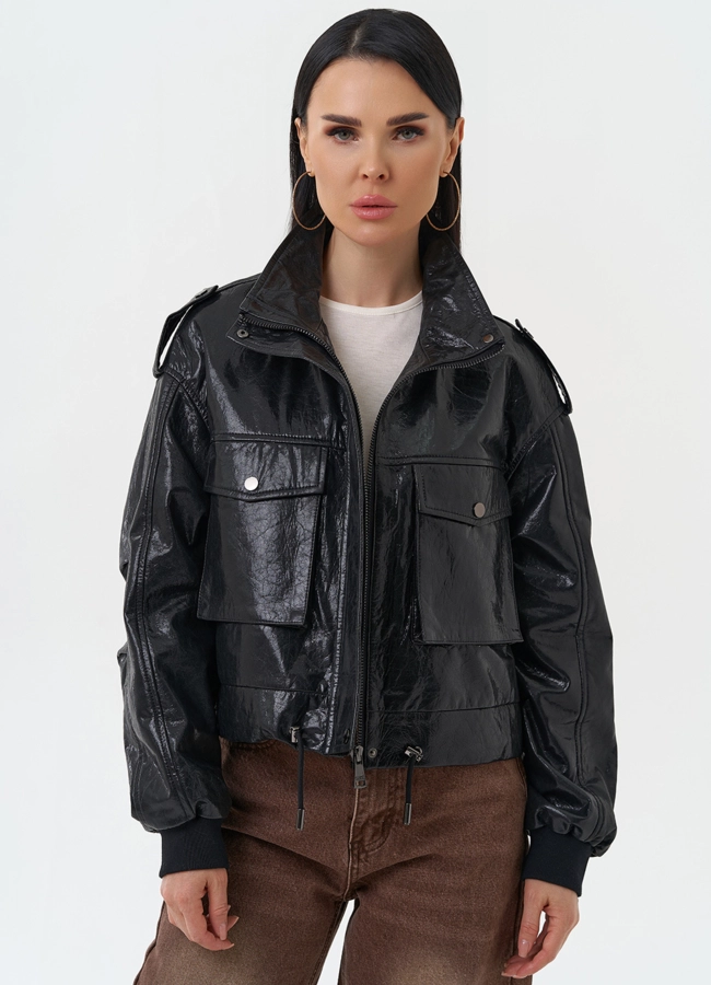 Женская куртка бомбер из натуральной кожи модель № 30096 меха малина фото