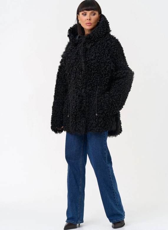 Женская двухсторонняя дубленка с капюшоном