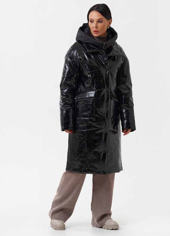 Женский пуховик из эко кожи с капюшоном модель № 28686 универмаг малина