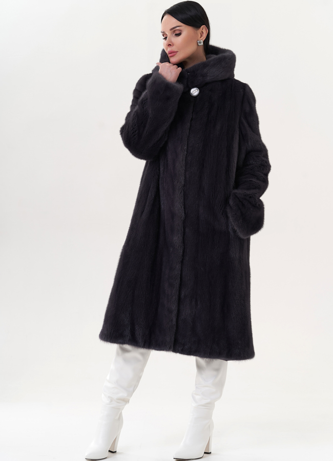 Шуба из норки классическая с капюшоном цвете графит модель № 24816 меха малина